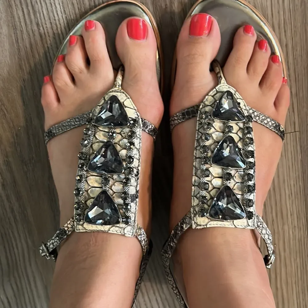 VINCE CAMUTO GENUINE LEATHER SNAKESKIN JEWELED SANDALS SIZE 9 EXCELLENT CNDTN!